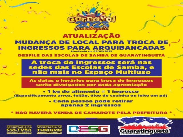 Guaratinguet: Troca de Ingressos para o desfile das Escolas de Samba ser feita em novos locais