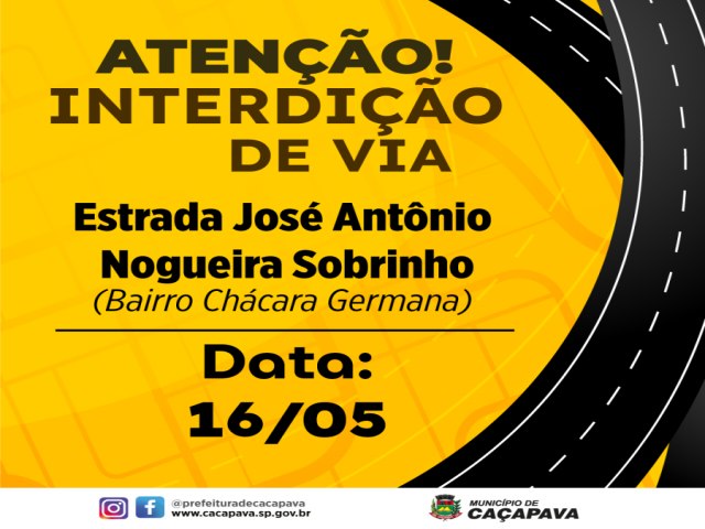 Cacapava: Obra de reparo no bairro Chcara Germana interdita Estrada Jos Antnio Nogueira Sobrinho na prxima tera-feira (16)