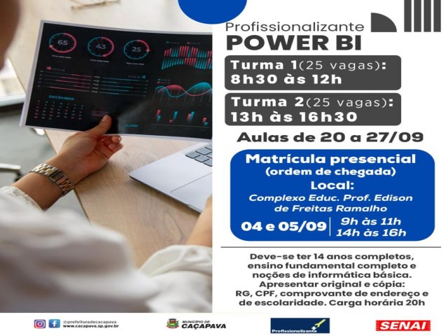 Complexo educacional de Caapava abre inscries para curso gratuito de Power BI 